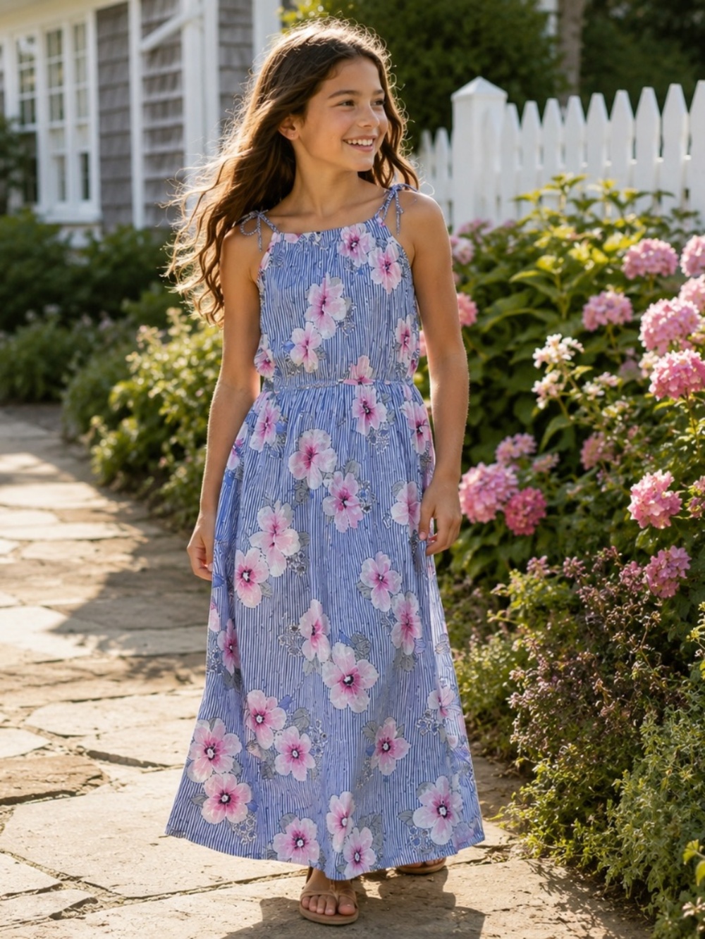 Rumi + Ryder‎ Girls Cottagecore Floral Maxi Dress Blue Stripe Boho Size L